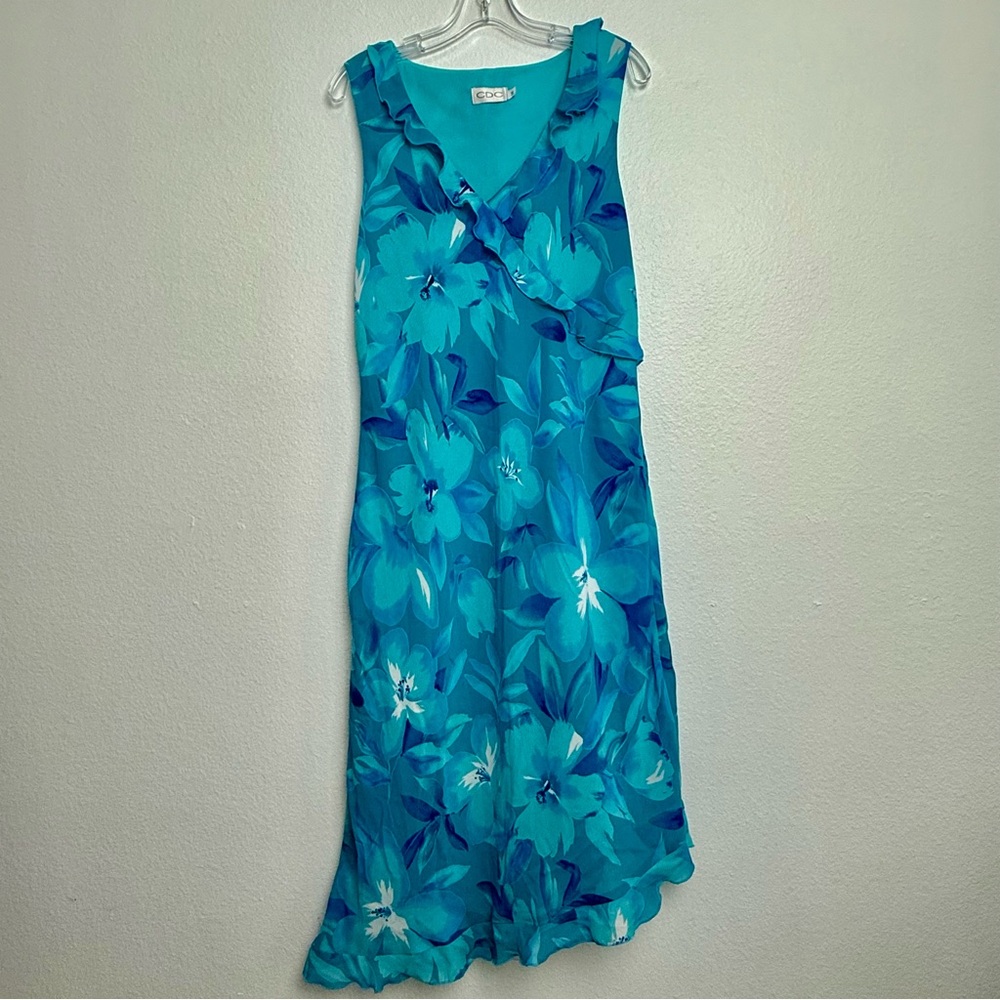 Vintage Y2K Blue Floral Asymmetrical Midi Dress V-Neck Sleeveless Ruffle Summer